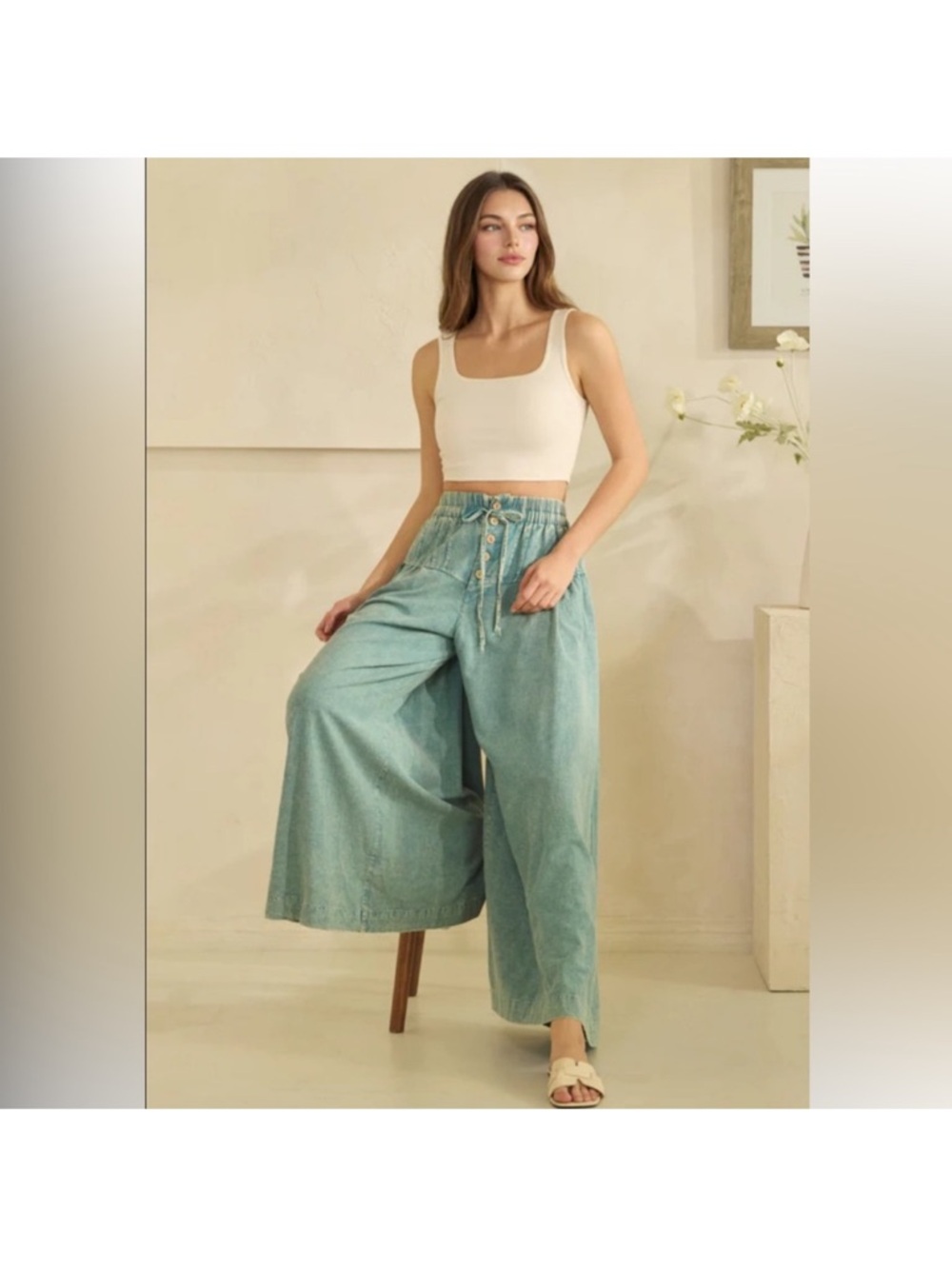 Oli & Hali Relaxed Fit Mineral Wash Smocked Waist Wide Leg Pants• Medium - Picture 4 of 5